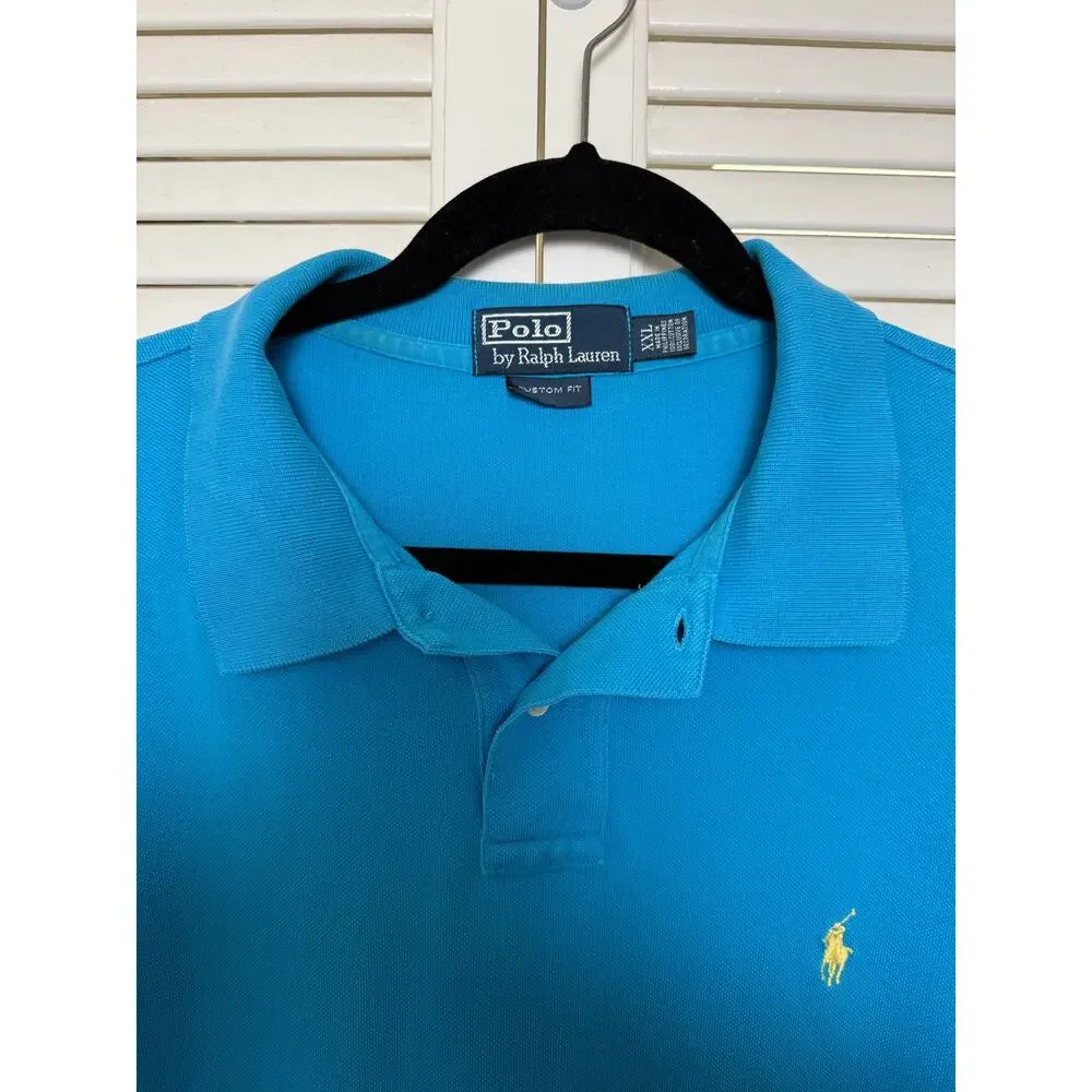 Polo Ralph Lauren Blue Custom Fit Mesh Polo Yellow Logo XXL Preppy Classic
